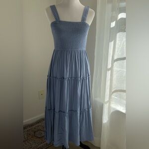 Jim and Nora Coastal Blue Smocked Sundress Dress Maxi Summer Dress size L Large